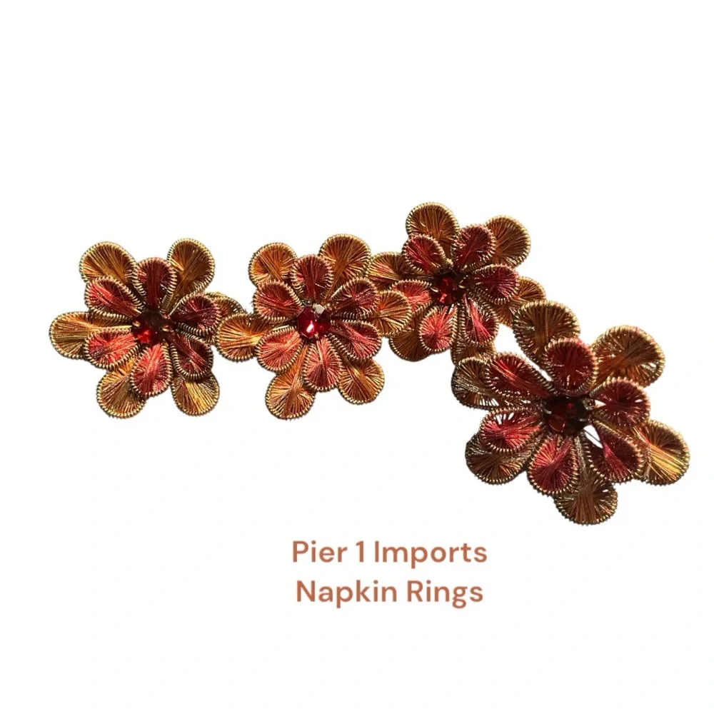 Pier 1 Four Golden and Deep Red Textured Flower Sparkly Stone Napkin Rings NWTs
